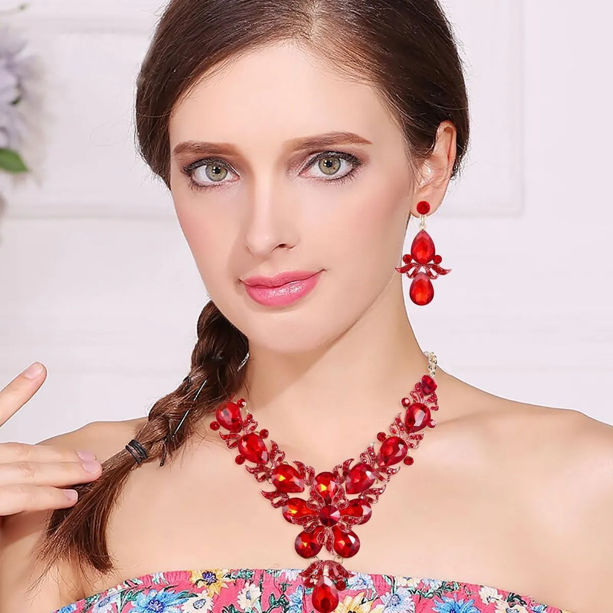 EVER FAITH Rhinestone Crystal Elegant Wedding Flower Leaf Teardrop Necklace Earring Set