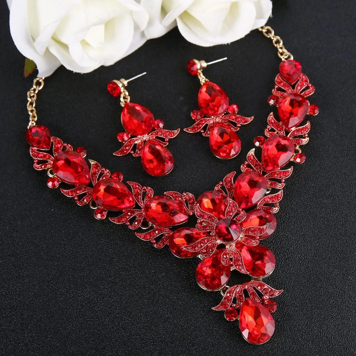 EVER FAITH Rhinestone Crystal Elegant Wedding Flower Leaf Teardrop Necklace Earring Set