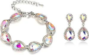 EVER FAITH Sparkly Crystal Elegant Bridal Prom Pear Shaped Drop Pierced Earrings Bracelet Set