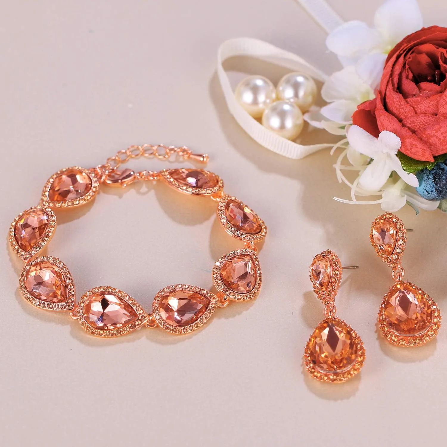 EVER FAITH Sparkly Crystal Elegant Bridal Prom Pear Shaped Drop Pierced Earrings Bracelet Set