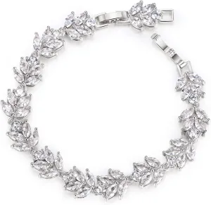 EVER FAITH Wedding Jewerly Hand Accessory Prong Cubic Zirconia Birthstone Marquise Leaf Elegant Tennis Bracelet