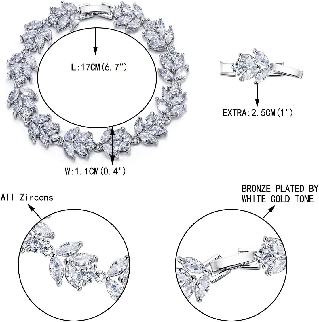 EVER FAITH Wedding Jewerly Hand Accessory Prong Cubic Zirconia Birthstone Marquise Leaf Elegant Tennis Bracelet