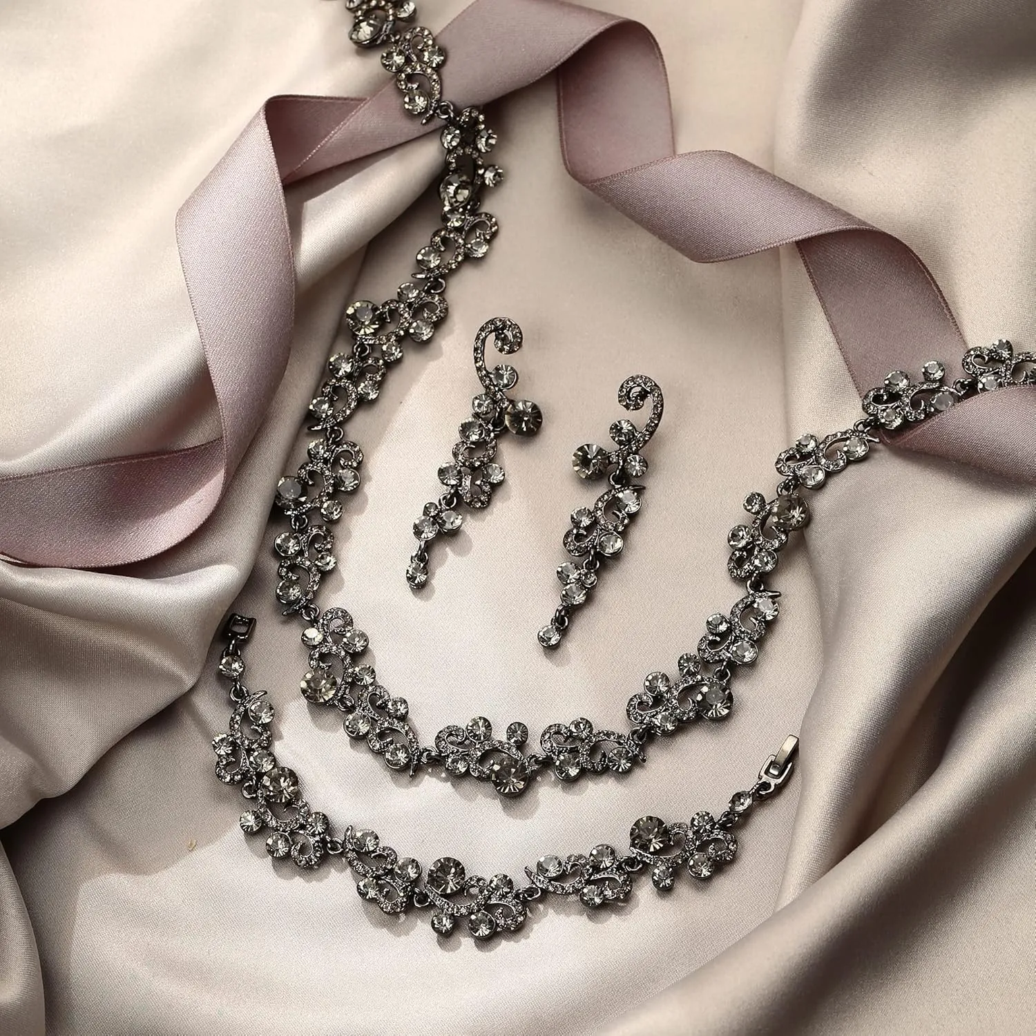EVER FAITH Women's Austrian Crystal Elegant Wedding Flower Wave Necklace Earrings Bracelet Set