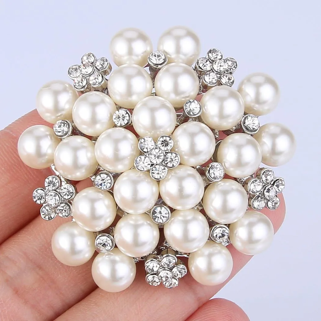 EVER FAITH Women's Crystal Cream Simulated Pearl Elegant Flower Cluster Brooch Pin Silver-Tone