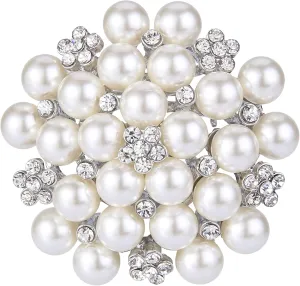 EVER FAITH Women's Crystal Cream Simulated Pearl Elegant Flower Cluster Brooch Pin Silver-Tone