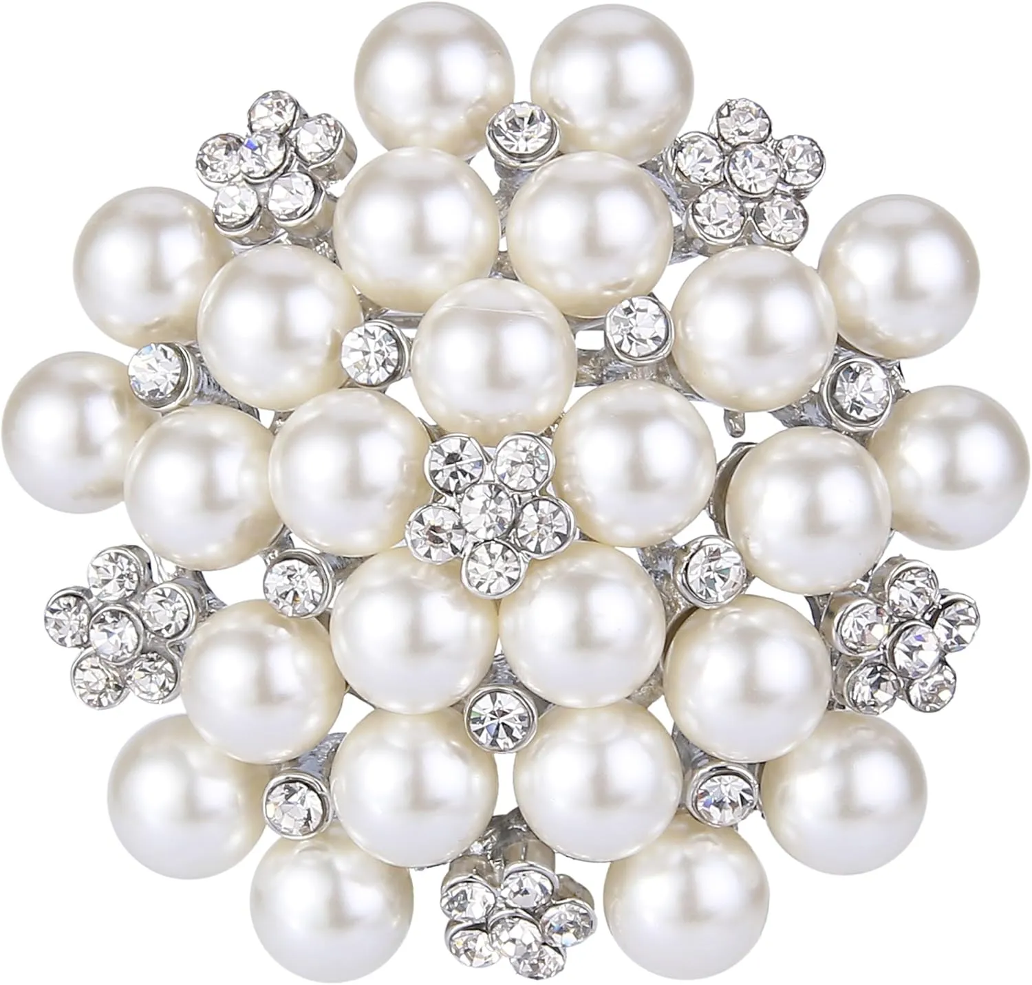 EVER FAITH Women's Crystal Cream Simulated Pearl Elegant Flower Cluster Brooch Pin Silver-Tone