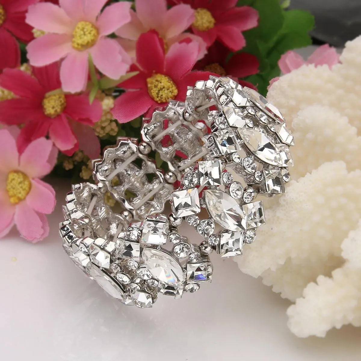 EVER FAITH Women's Crystal Vintage Style Elegant Bridal Elastic Stretch Bracelet