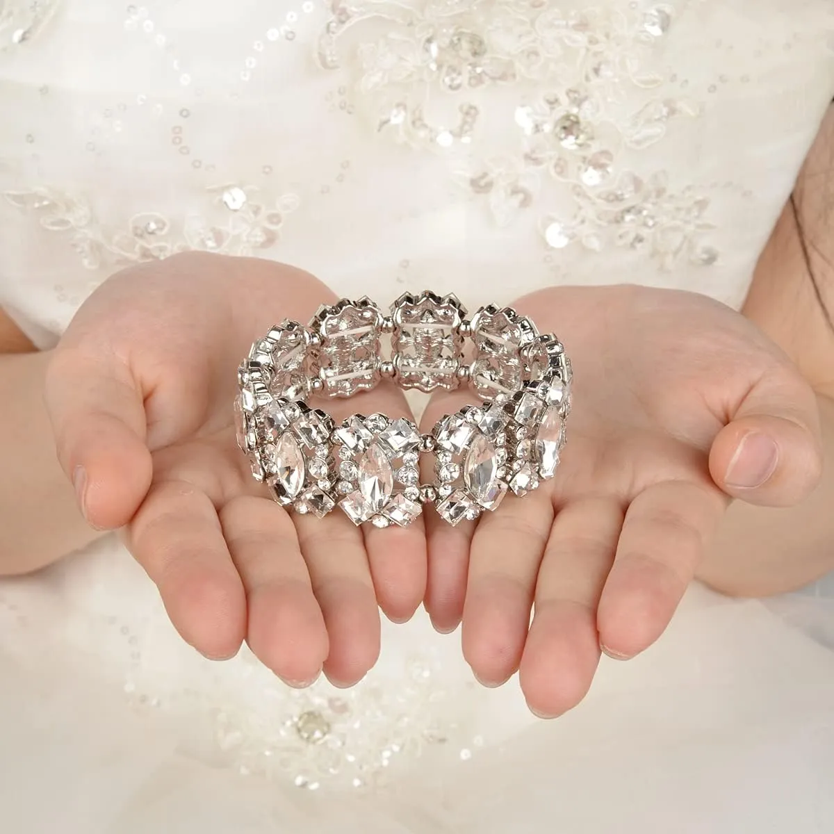 EVER FAITH Women's Crystal Vintage Style Elegant Bridal Elastic Stretch Bracelet