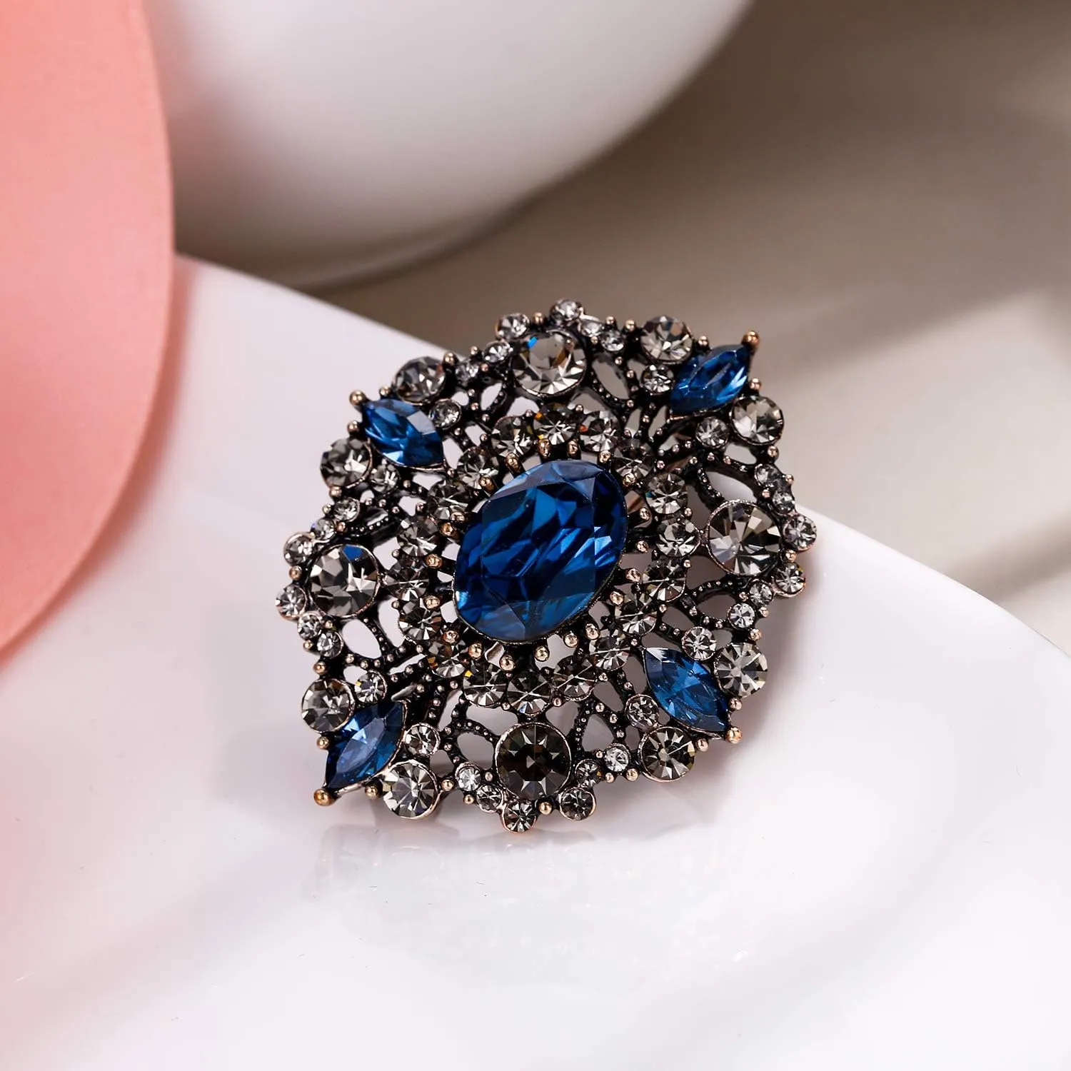 EVER FAITH Women's Oval w/Marquise Crystal Elegant Vintage Banquet Hollow Filigree Brooch