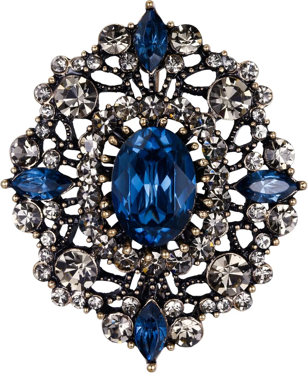 EVER FAITH Women's Oval w/Marquise Crystal Elegant Vintage Banquet Hollow Filigree Brooch