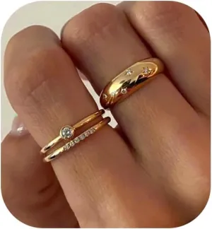 Ewrkbr Rings for Women,Dainty 14k Gold Plated Rings CZ Stackable Chunky Gold Rings for Women Non Tarnish Trendy Statement Engagement Rings for Women,Size 6 7 8 9 10