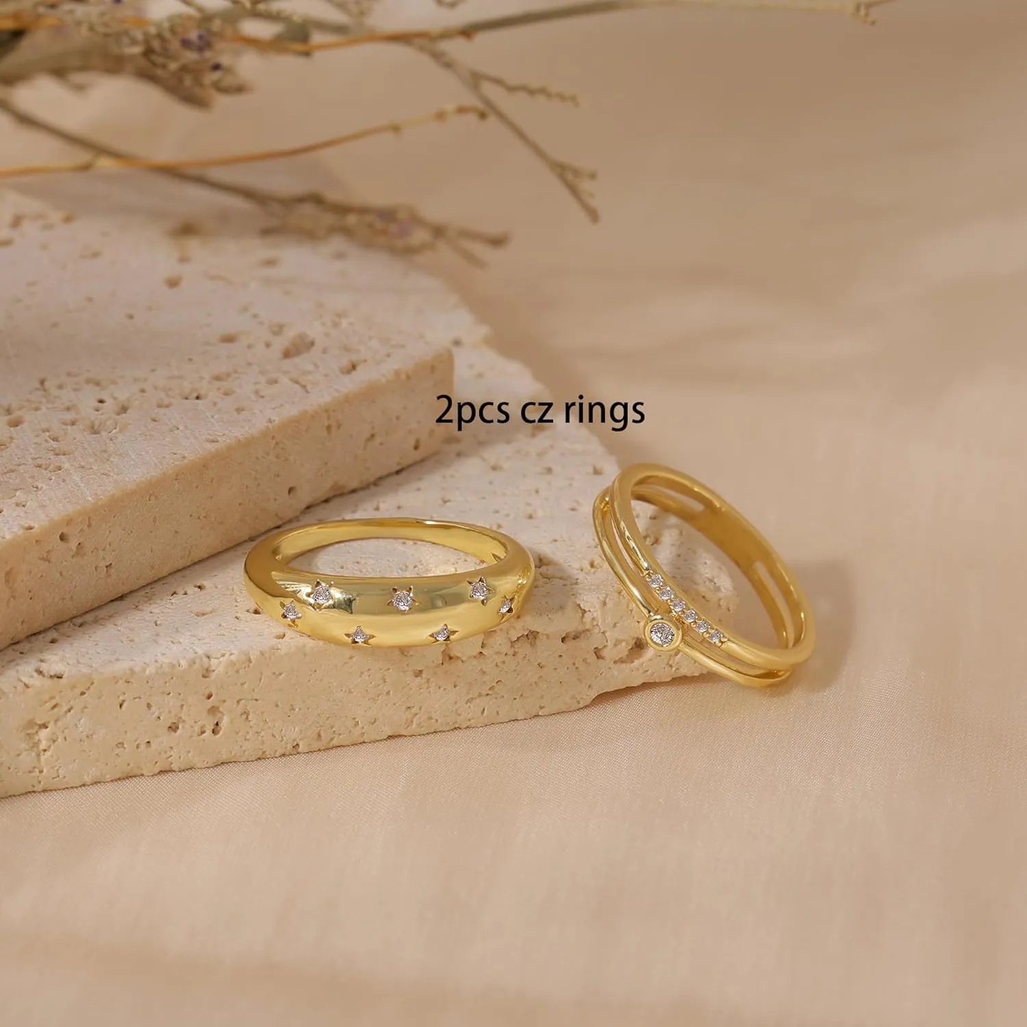 Ewrkbr Rings for Women,Dainty 14k Gold Plated Rings CZ Stackable Chunky Gold Rings for Women Non Tarnish Trendy Statement Engagement Rings for Women,Size 6 7 8 9 10