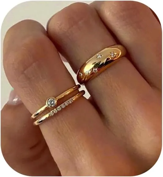 Ewrkbr Rings for Women,Dainty 14k Gold Plated Rings CZ Stackable Chunky Gold Rings for Women Non Tarnish Trendy Statement Engagement Rings for Women,Size 6 7 8 9 10