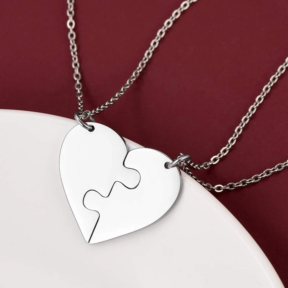 FaithHeart BFF Puzzle Stitching Necklace 2/3/4/5/6/7/8 Pcs Stainless Steel Personalized Name Heart Pendants Family Love Jewelry Free Engrave Friendship Forever Necklaces Set with Delicate Packaging