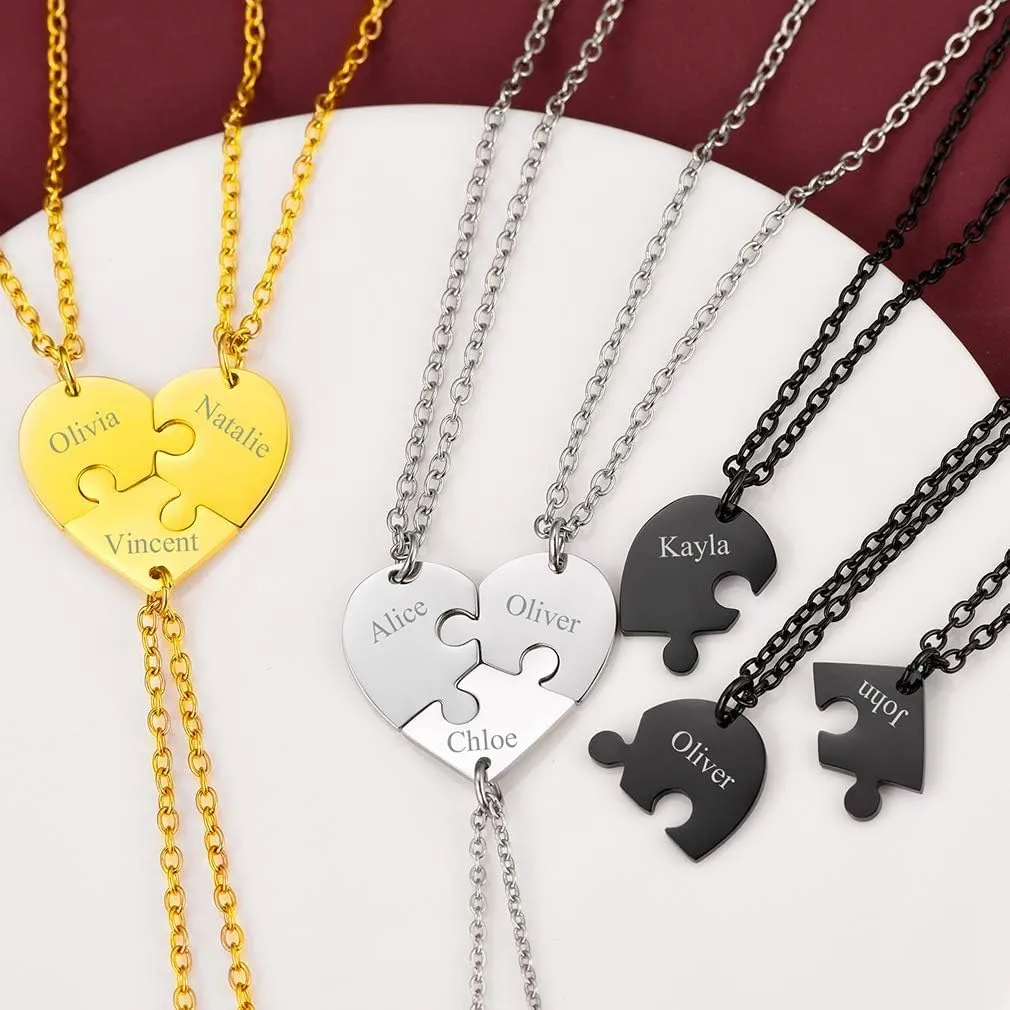 FaithHeart BFF Puzzle Stitching Necklace 2/3/4/5/6/7/8 Pcs Stainless Steel Personalized Name Heart Pendants Family Love Jewelry Free Engrave Friendship Forever Necklaces Set with Delicate Packaging