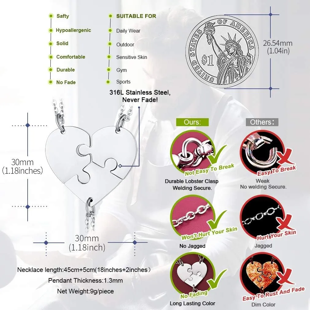 FaithHeart BFF Puzzle Stitching Necklace 2/3/4/5/6/7/8 Pcs Stainless Steel Personalized Name Heart Pendants Family Love Jewelry Free Engrave Friendship Forever Necklaces Set with Delicate Packaging