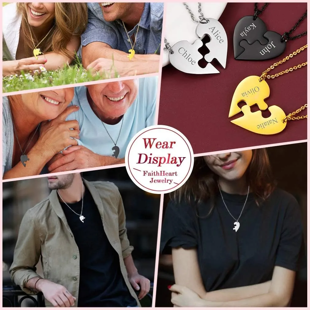 FaithHeart BFF Puzzle Stitching Necklace 2/3/4/5/6/7/8 Pcs Stainless Steel Personalized Name Heart Pendants Family Love Jewelry Free Engrave Friendship Forever Necklaces Set with Delicate Packaging