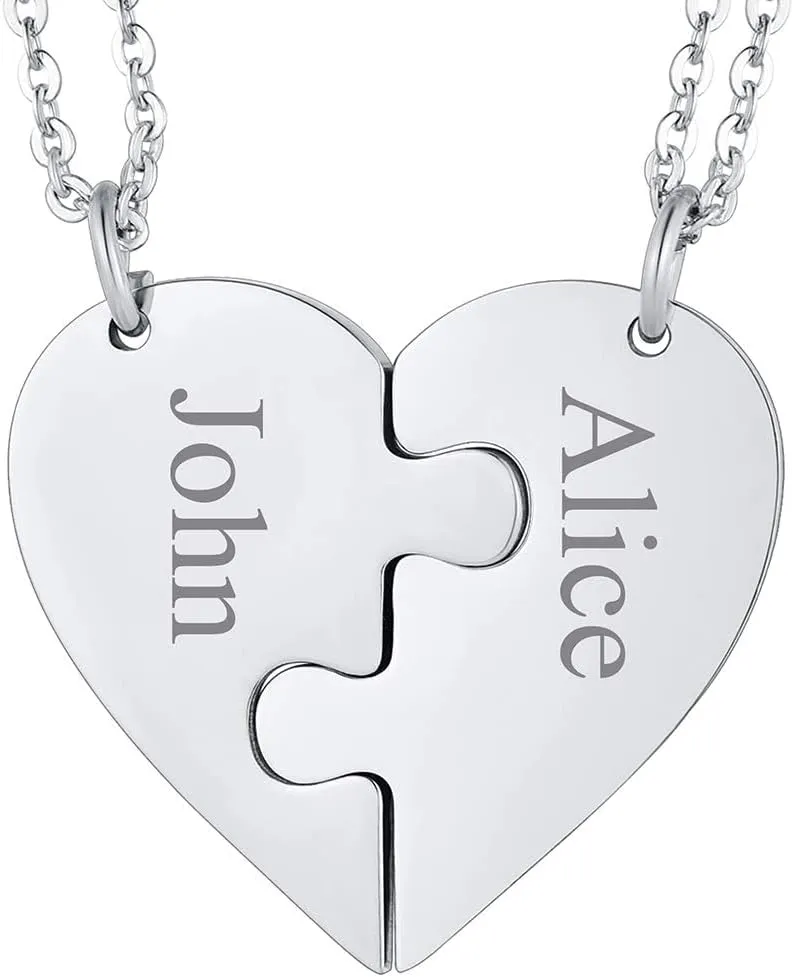 FaithHeart BFF Puzzle Stitching Necklace 2/3/4/5/6/7/8 Pcs Stainless Steel Personalized Name Heart Pendants Family Love Jewelry Free Engrave Friendship Forever Necklaces Set with Delicate Packaging