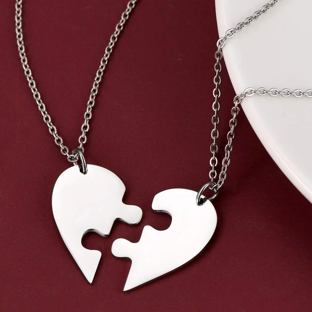 FaithHeart BFF Puzzle Stitching Necklace 2/3/4/5/6/7/8 Pcs Stainless Steel Personalized Name Heart Pendants Family Love Jewelry Free Engrave Friendship Forever Necklaces Set with Delicate Packaging