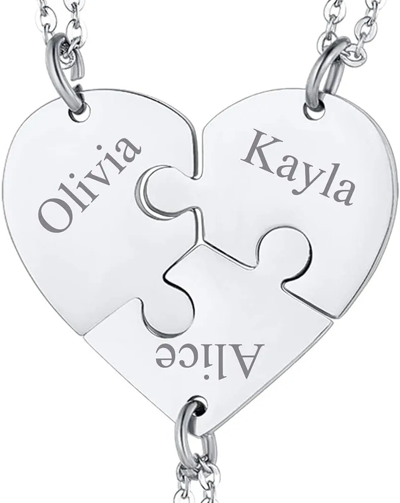 FaithHeart BFF Puzzle Stitching Necklace 2/3/4/5/6/7/8 Pcs Stainless Steel Personalized Name Heart Pendants Family Love Jewelry Free Engrave Friendship Forever Necklaces Set with Delicate Packaging