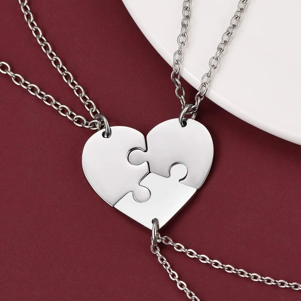 FaithHeart BFF Puzzle Stitching Necklace 2/3/4/5/6/7/8 Pcs Stainless Steel Personalized Name Heart Pendants Family Love Jewelry Free Engrave Friendship Forever Necklaces Set with Delicate Packaging