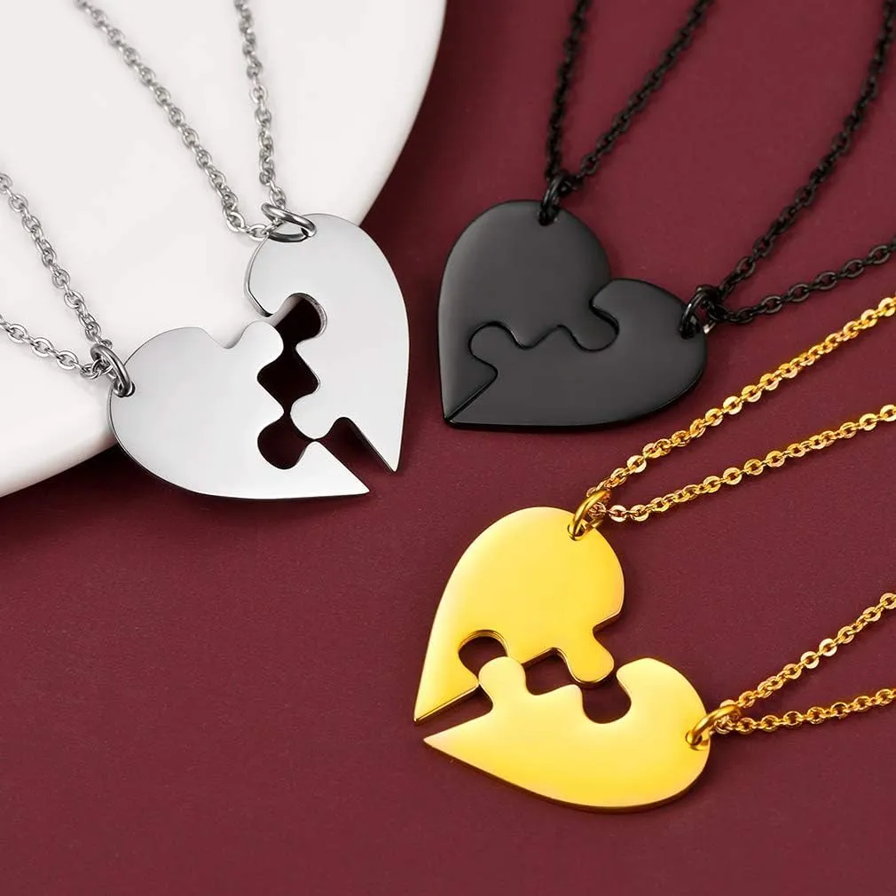 FaithHeart BFF Puzzle Stitching Necklace 2/3/4/5/6/7/8 Pcs Stainless Steel Personalized Name Heart Pendants Family Love Jewelry Free Engrave Friendship Forever Necklaces Set with Delicate Packaging