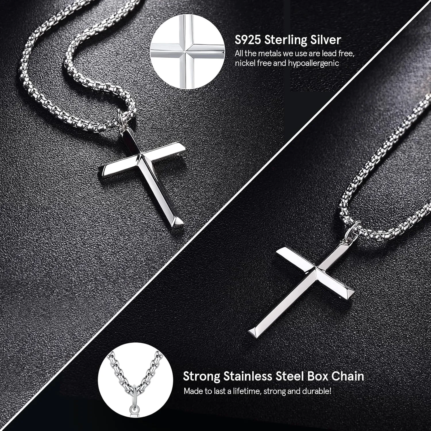 FANCIME Cross Necklace for Men Sterling Silver Cross Necklaces High Polished Gift For Men, Stainless Steel Box Chain Length 24 Inch