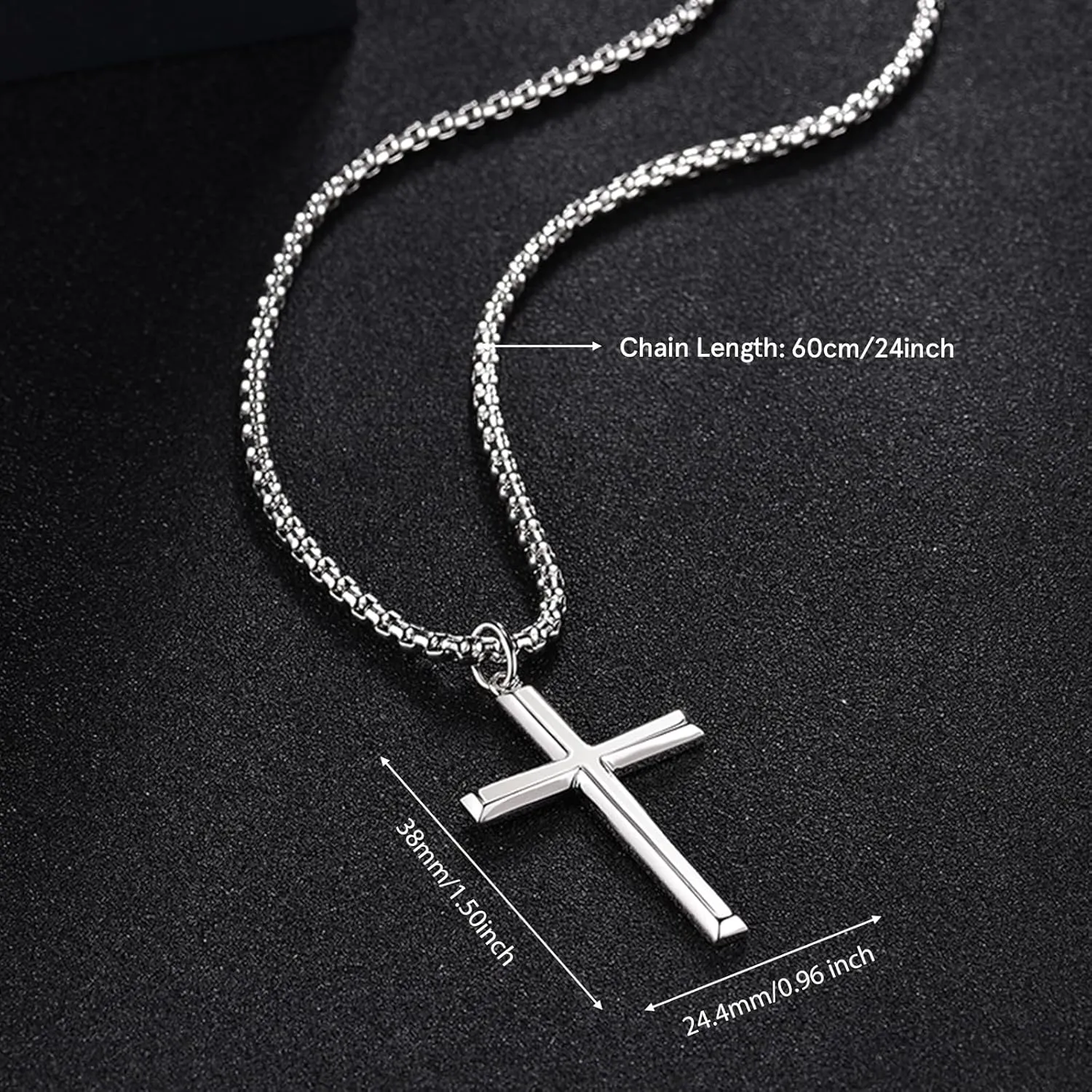 FANCIME Cross Necklace for Men Sterling Silver Cross Necklaces High Polished Gift For Men, Stainless Steel Box Chain Length 24 Inch