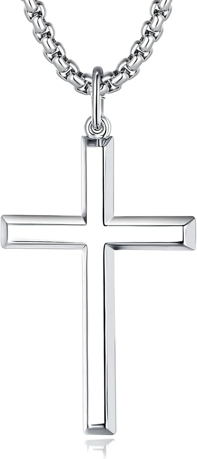 FANCIME Cross Necklace for Men Sterling Silver Cross Necklaces High Polished Gift For Men, Stainless Steel Box Chain Length 24 Inch