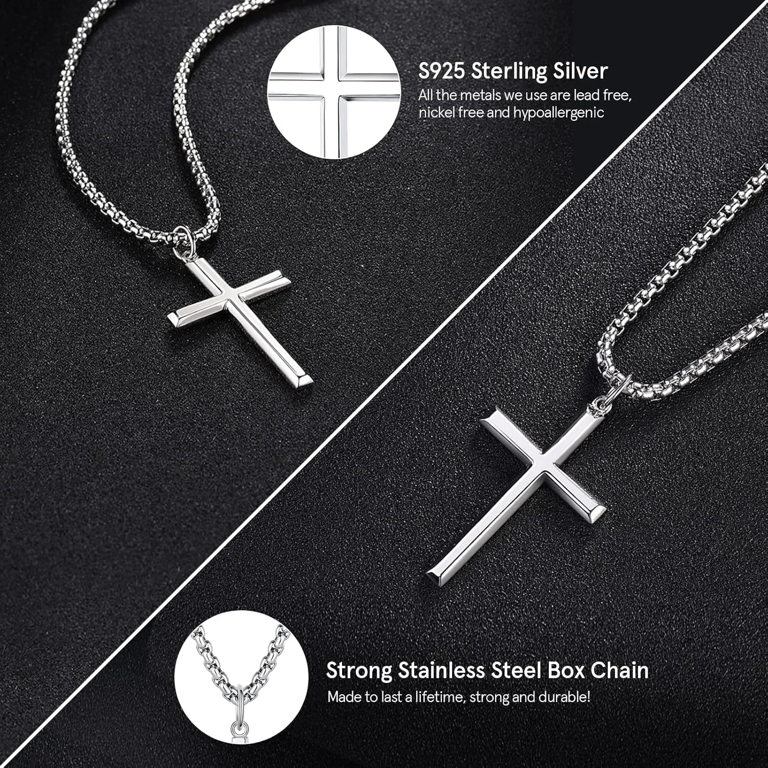 FANCIME Cross Necklace for Men Sterling Silver Cross Necklaces High Polished Gift For Men, Stainless Steel Box Chain Length 24 Inch