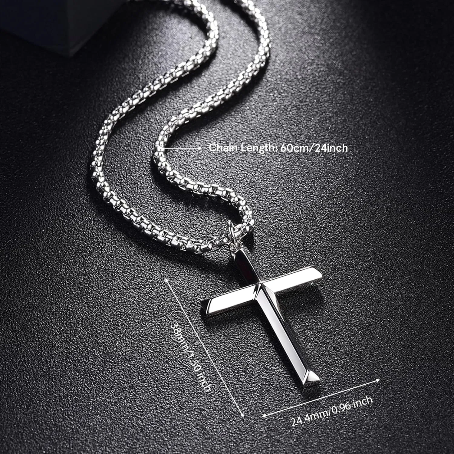 FANCIME Cross Necklace for Men Sterling Silver Cross Necklaces High Polished Gift For Men, Stainless Steel Box Chain Length 24 Inch