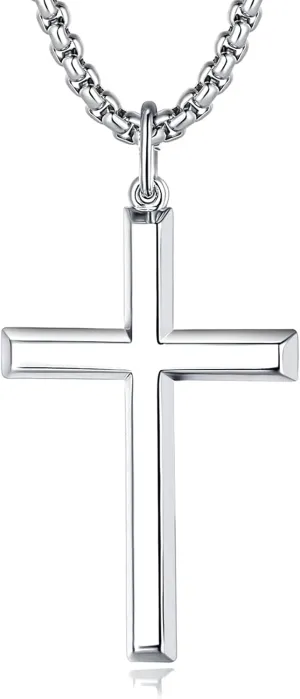 FANCIME Cross Necklace for Men Sterling Silver Cross Necklaces High Polished Gift For Men, Stainless Steel Box Chain Length 24 Inch