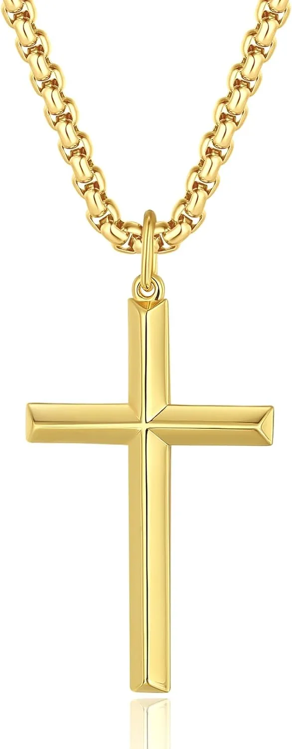 FANCIME Cross Necklace for Men Sterling Silver Cross Necklaces High Polished Gift For Men, Stainless Steel Box Chain Length 24 Inch