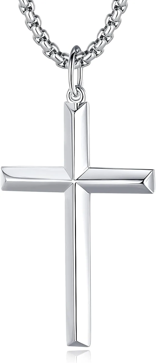FANCIME Cross Necklace for Men Sterling Silver Cross Necklaces High Polished Gift For Men, Stainless Steel Box Chain Length 24 Inch