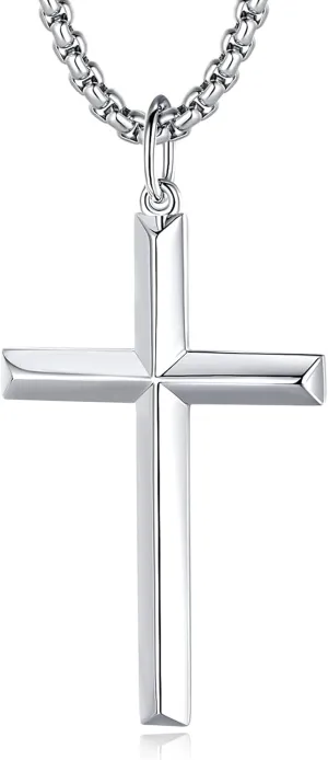 FANCIME Cross Necklace for Men Sterling Silver Cross Necklaces High Polished Gift For Men, Stainless Steel Box Chain Length 24 Inch
