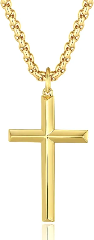 FANCIME Cross Necklace for Men Sterling Silver Cross Necklaces High Polished Gift For Men, Stainless Steel Box Chain Length 24 Inch