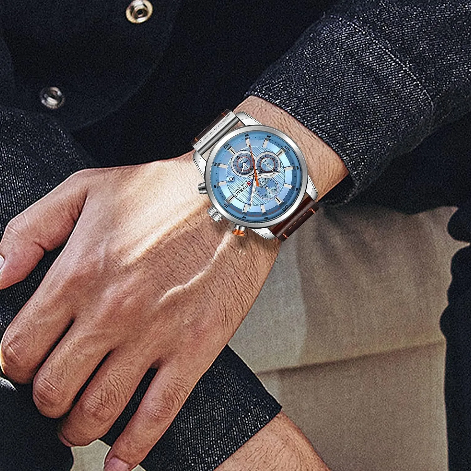 FANMIS Mens Sport Military Analog Quartz Watch Chronograph Classic Casual Business Dress Waterproof Watch Multifunctional Wristwatch with Leather Strap