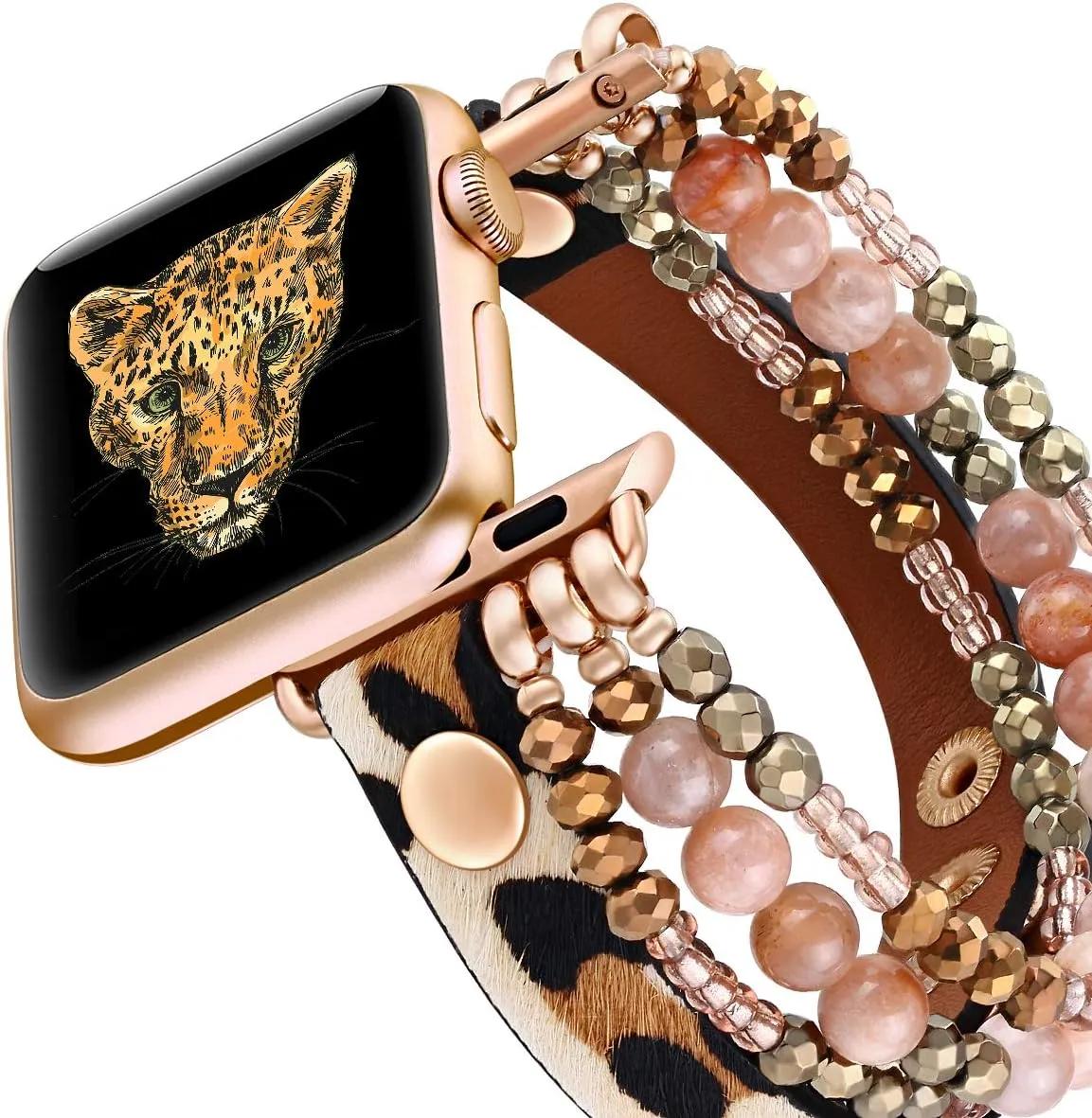 fastgo Bracelet Band Beaded Compatible with Apple Watch 38mm 40mm 41mm Women, Elastic Leather Leopard Strap for Iwatch SE& Series 9 Ultra 8 7 6 5 4 3 2 1(Cheetah/Gold,38/40/41mm)