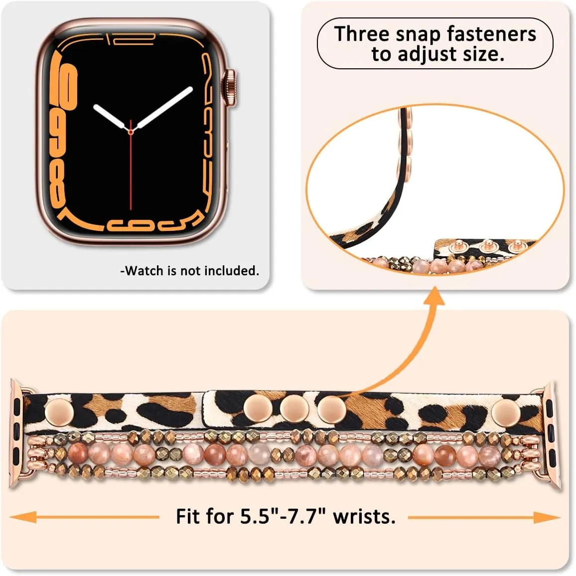 fastgo Bracelet Band Beaded Compatible with Apple Watch 38mm 40mm 41mm Women, Elastic Leather Leopard Strap for Iwatch SE& Series 9 Ultra 8 7 6 5 4 3 2 1(Cheetah/Gold,38/40/41mm)