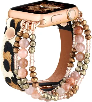 fastgo Bracelet Band Beaded Compatible with Apple Watch 38mm 40mm 41mm Women, Elastic Leather Leopard Strap for Iwatch SE& Series 9 Ultra 8 7 6 5 4 3 2 1(Cheetah/Gold,38/40/41mm)