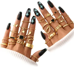 FAXHION 27 Pcs Gold Knuckle Rings Set for Women, Vintage Stackable Boho Snake Finger Rings, Midi Hollow Rings Pack