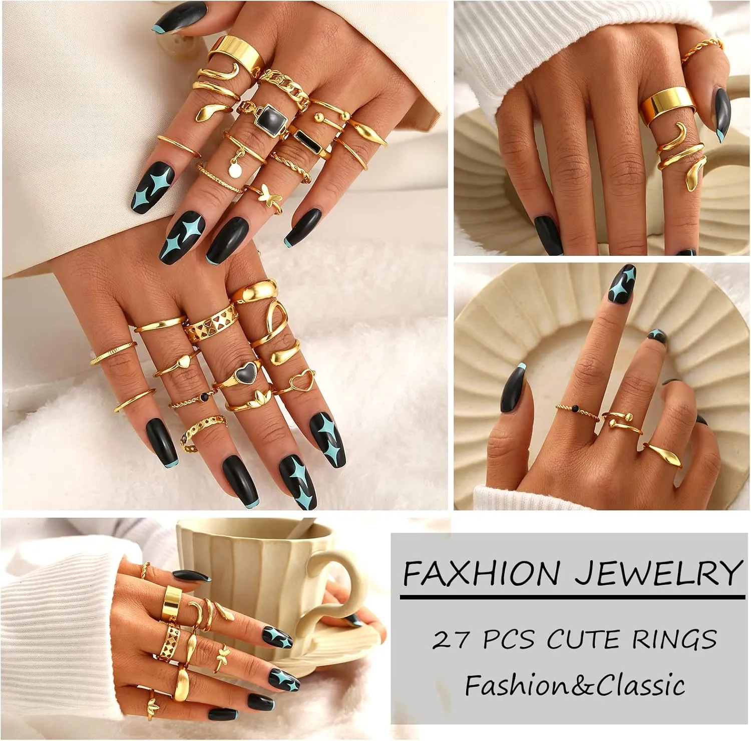 FAXHION 27 Pcs Gold Knuckle Rings Set for Women, Vintage Stackable Boho Snake Finger Rings, Midi Hollow Rings Pack