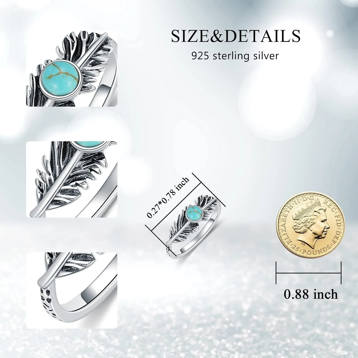 Feather Ring Genuine Turquoise Feather Rings for Women Her 925 Sterling Silver Oxidized Western Ring Navajo Jewelry Gift for Birthday Mother's Day