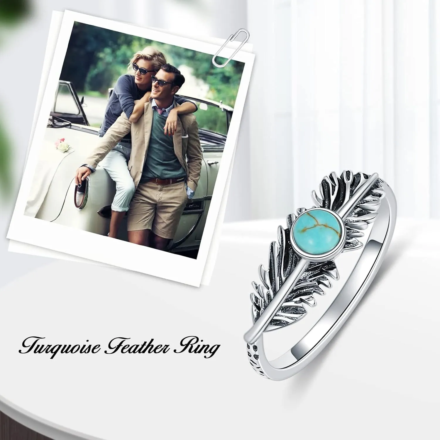 Feather Ring Genuine Turquoise Feather Rings for Women Her 925 Sterling Silver Oxidized Western Ring Navajo Jewelry Gift for Birthday Mother's Day