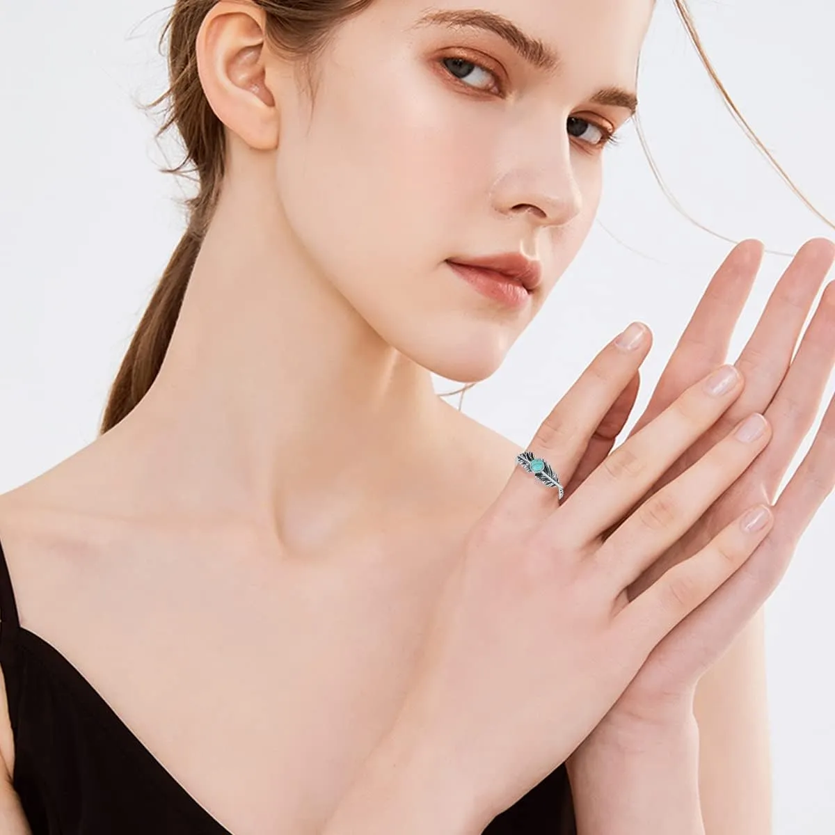 Feather Ring Genuine Turquoise Feather Rings for Women Her 925 Sterling Silver Oxidized Western Ring Navajo Jewelry Gift for Birthday Mother's Day
