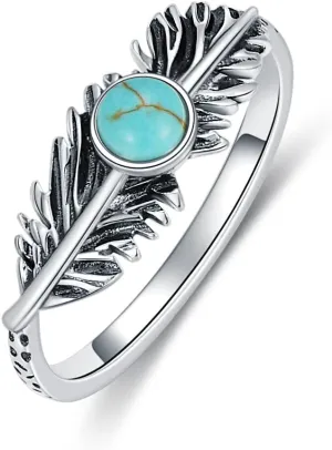 Feather Ring Genuine Turquoise Feather Rings for Women Her 925 Sterling Silver Oxidized Western Ring Navajo Jewelry Gift for Birthday Mother's Day