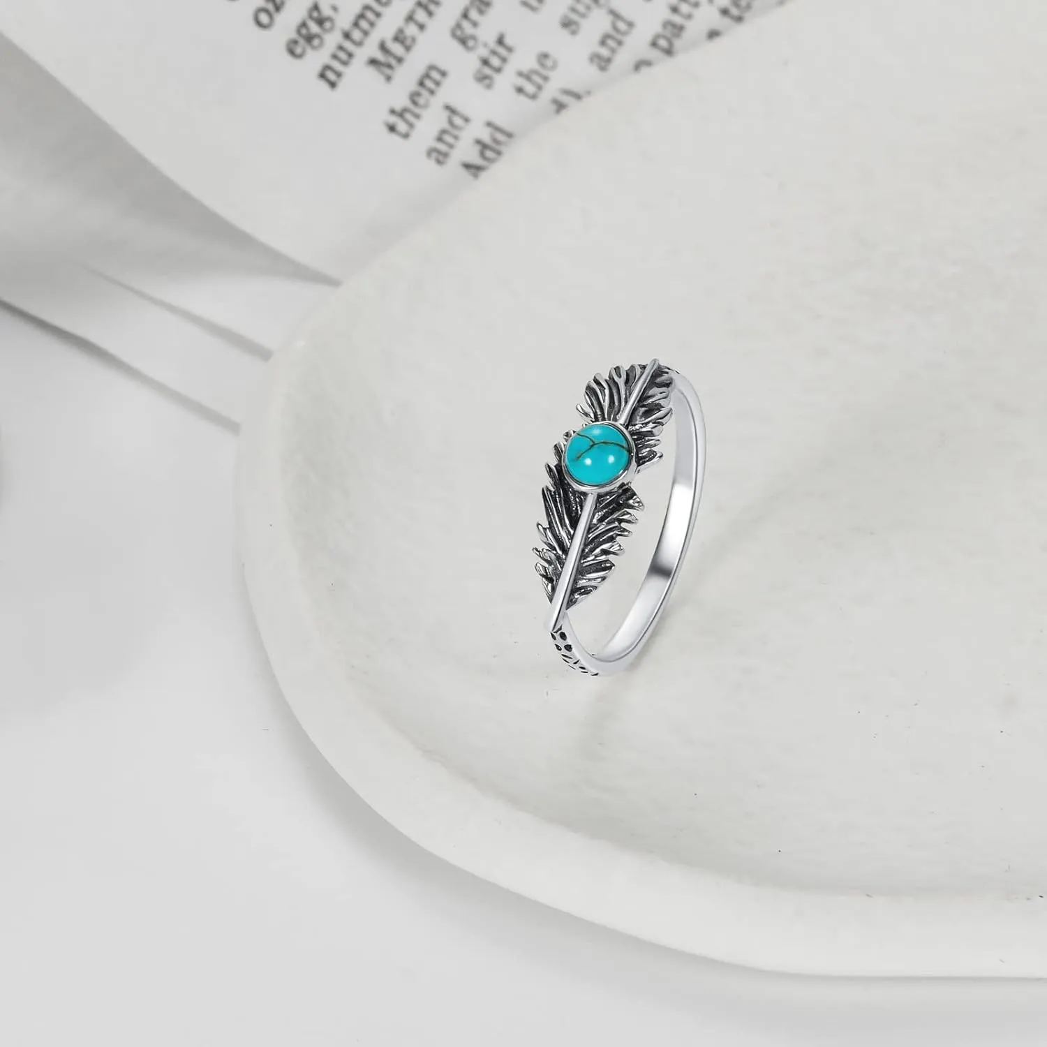 Feather Ring Genuine Turquoise Feather Rings for Women Her 925 Sterling Silver Oxidized Western Ring Navajo Jewelry Gift for Birthday Mother's Day
