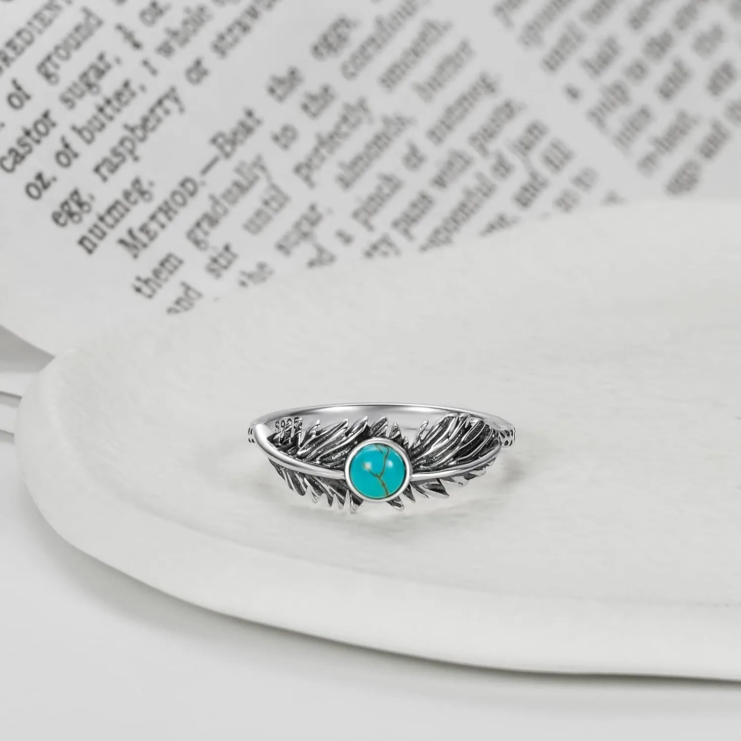 Feather Ring Genuine Turquoise Feather Rings for Women Her 925 Sterling Silver Oxidized Western Ring Navajo Jewelry Gift for Birthday Mother's Day