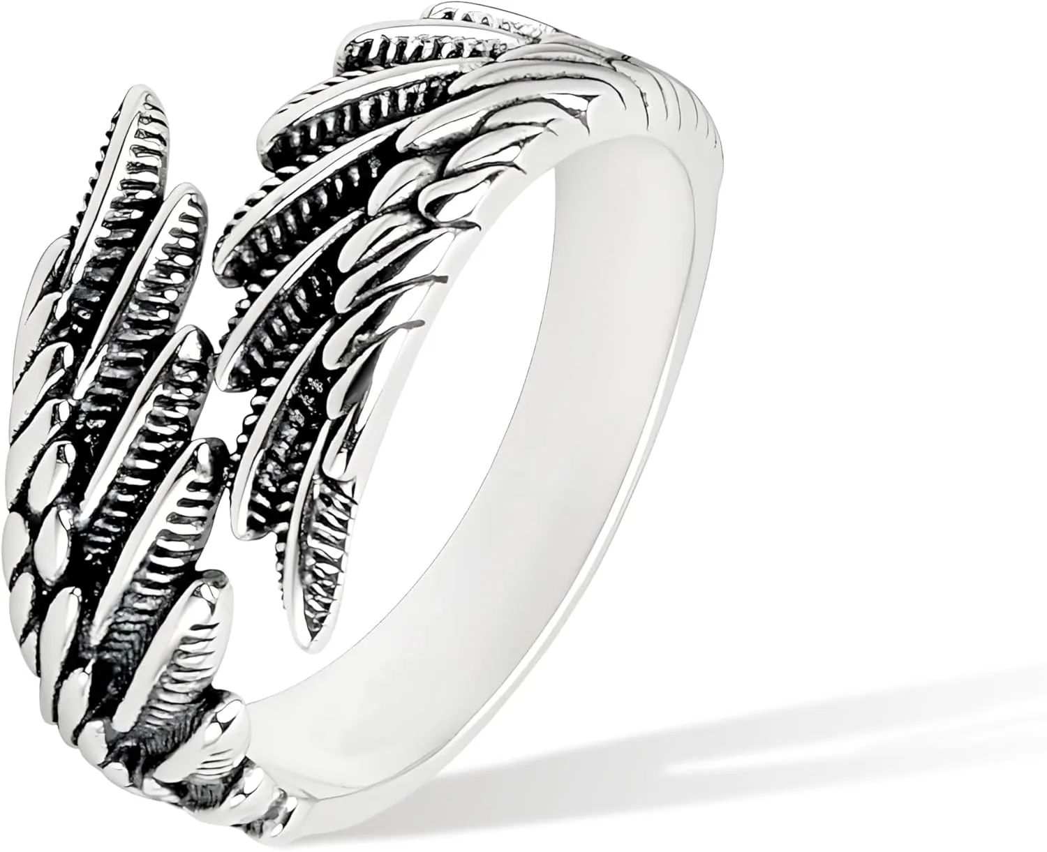 Feather Wing Ring, Oxidized hammer pattern Punk Vintage Rough style Brass Rings with 925 Sterling Silver-plating with PU leather box Hand-hammered Adjustable Opening Ideal Gifts for Men Women