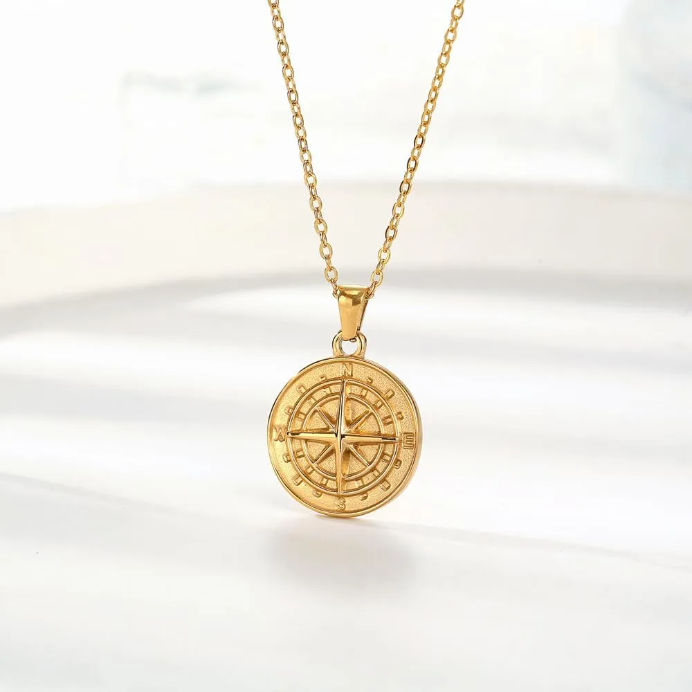 Female Compass Pendant Necklace Navigator Forged Jewelry In Stainless Steel